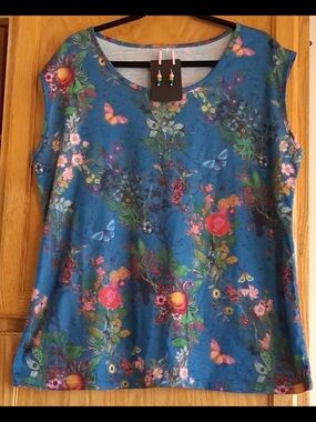 Vibrant Blue  & Pink Flowers & Butterflies Sleeveless Women's Top 2XL